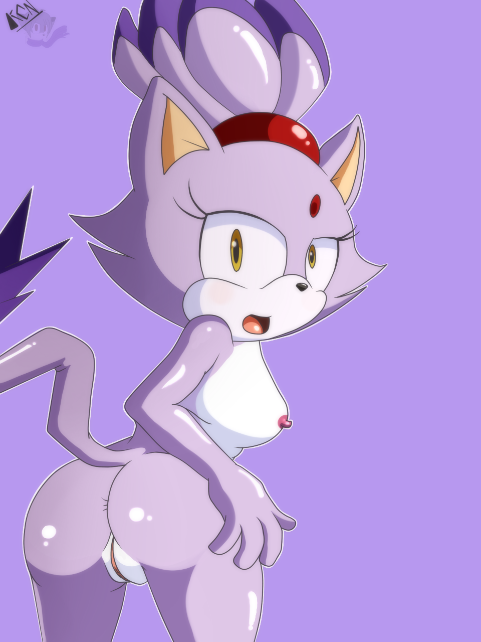 anthro ass blaze_the_cat blush felid feline female fur furry highres kcn looking_at_viewer looking_back mammal nipples nude open_mouth pussy simple_background solo sonic_(series) standing