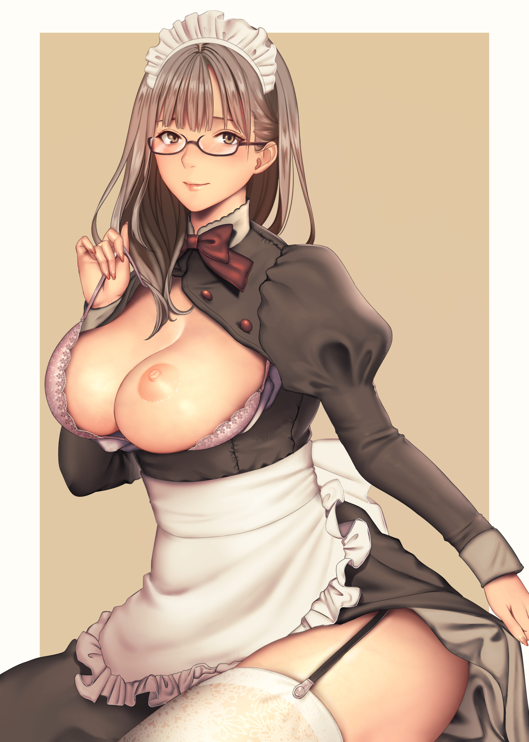 absurdres, apron, areolae, bangs, black dress, black-framed eyewear, blunt bangs, bow, bowtie, bra, breasts, brown eyes, brown hair, buttons, closed mouth, commentary request, dress, eyebrows visible through hair, eyelashes, female, fingernails, flashing, frills, garter straps, glasses, highres, juliet sleeves, large breasts, lifted by self, lips, long fingernails, long hair, long sleeves, looking at viewer, maid, maid apron, maid headdress, nail polish, nipples, nose, one breast out, ono itaru, original, pink nails, puffy sleeves, red neckwear, semi-rimless eyewear, skindentation, skirt, skirt lift, solo, thighhighs, under-rim eyewear, underwear, untied bra, waist apron, white legwear
