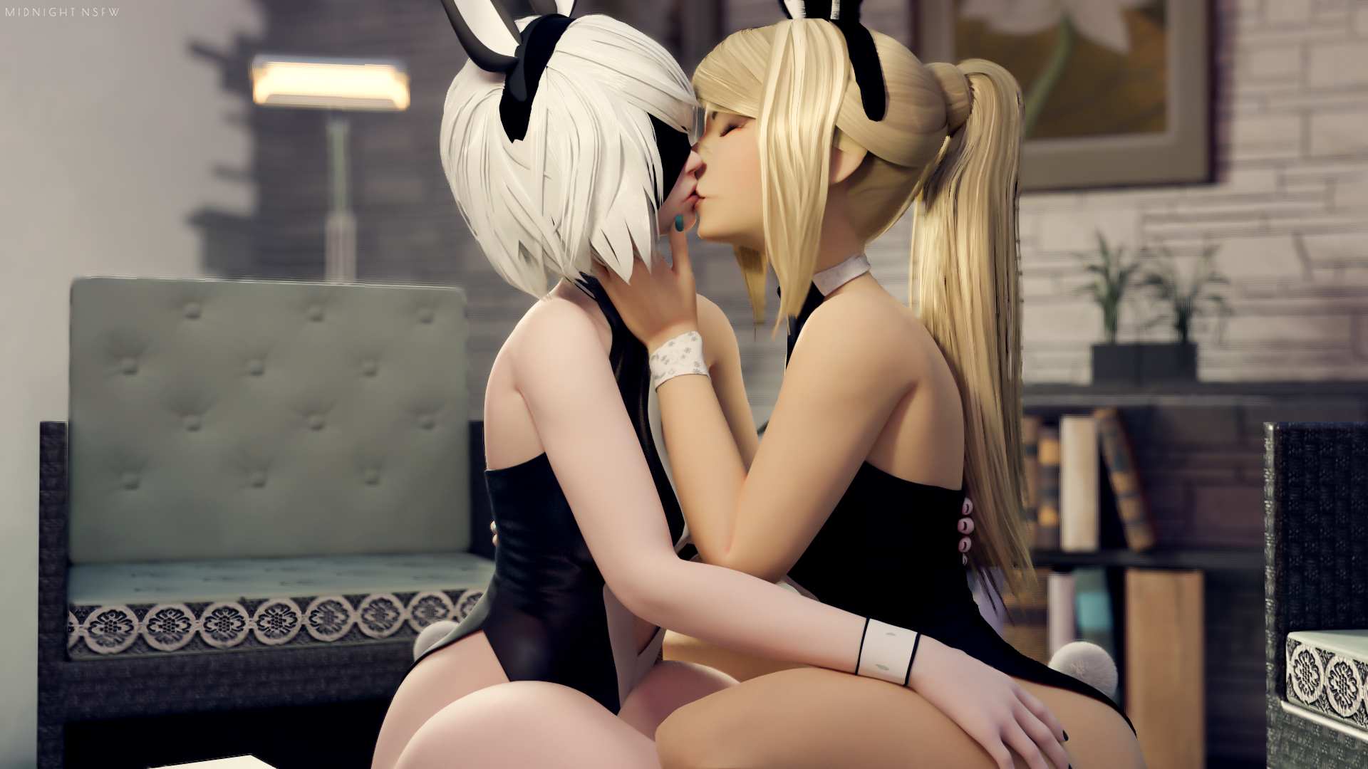 2girls, 3d, 3girls, blender, blindfold, blonde hair, bunny ears, bunny girl, crossover, female, female only, kissing, metroid, midnightsfm, nier, nier: automata, nintendo, ponytail, samus aran, short hair, white hair, yorha 2b, yuri