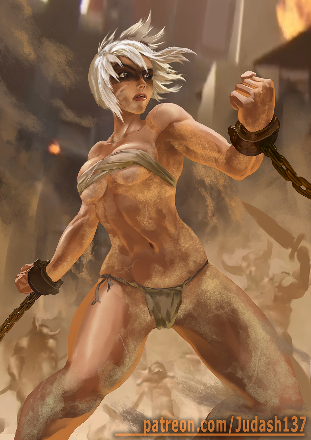 1girls, 3boys, bare shoulders, bikini, bound wrists, breasts, captured, chains, defeated, female, hair between eyes, highres, judash137, large breasts, league of legends, legs, looking at viewer, makeup, male, muscles, open mouth, paid reward, patreon reward, restrained, riven, shackles, short hair, slave, solo, spread, struggling, swimsuit, thighs, toned, white hair