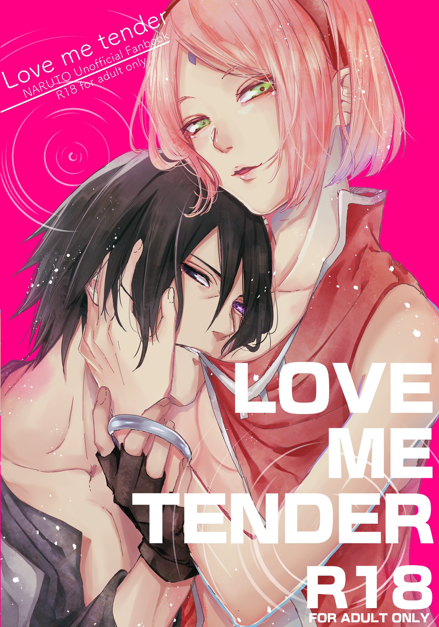 black eyes, black hair, boruto: naruto next generations, canon couple, couple, doujin cover, female, hand on head, haruno sakura, head on chest, holding, lovers, naruto, naruto (series), partially clothed, pink hair, sakura haruno, sasuke uchiha, uchiha sakura, uchiha sasuke