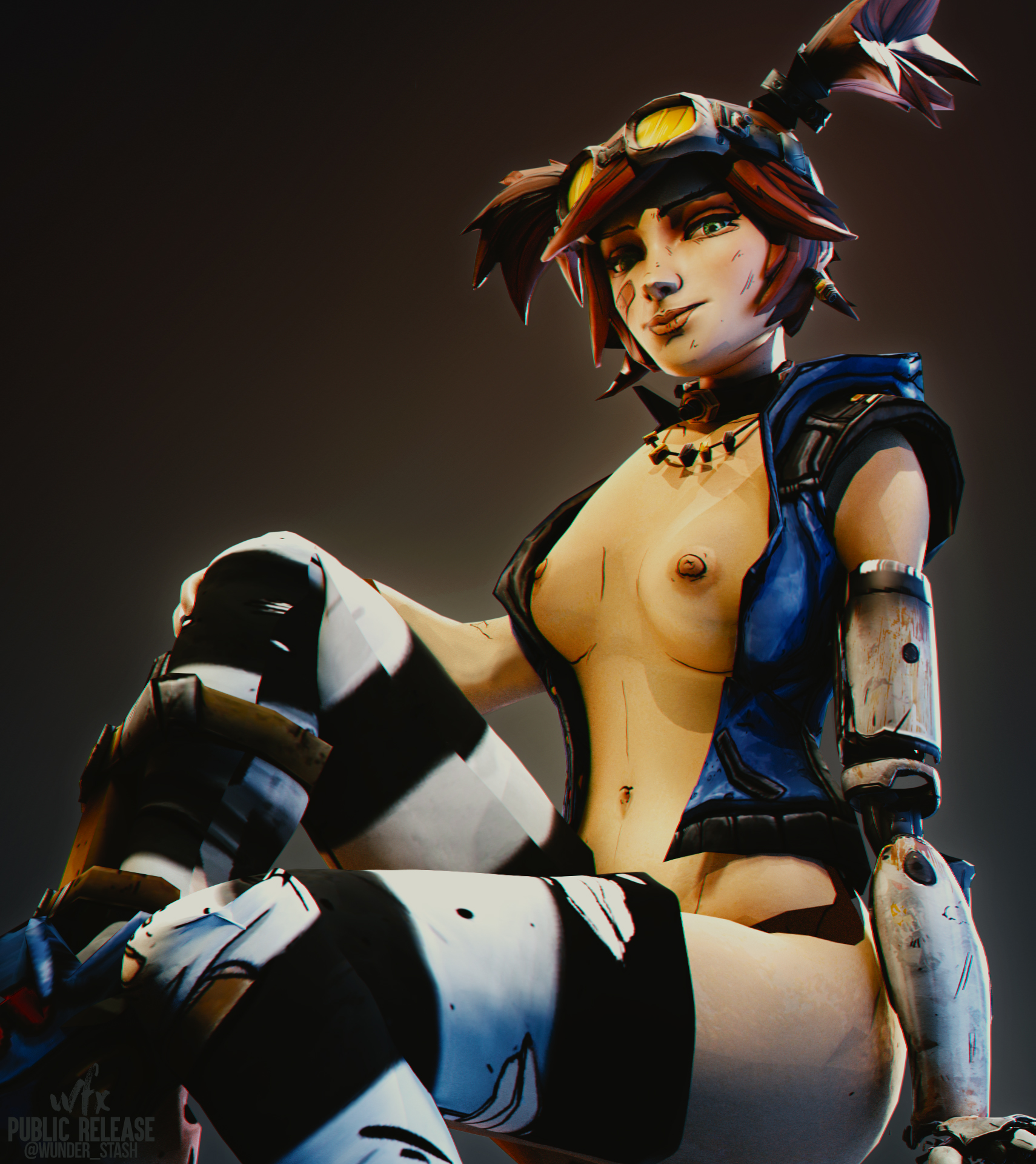 1girls, 3d, 3d (artwork), areolae, ass, blender, borderlands, borderlands 2, breasts, female, female only, gaige (borderlands), goggles, looking at viewer, nipples, solo, solo female, wunder