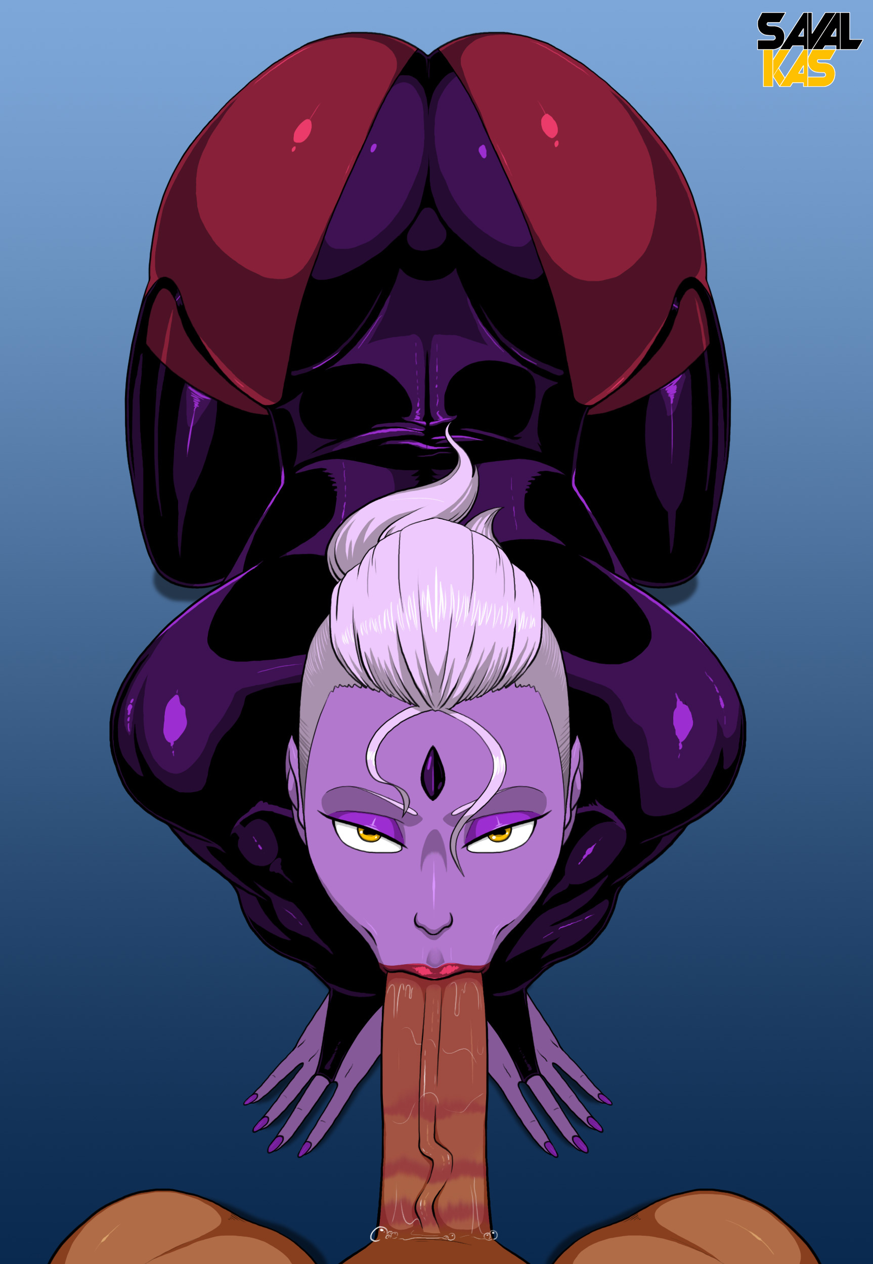 arched back, ass, bodysuit, deepthroat, eyeshadow, fellatio, female, female focus, lipstick, looking at viewer, male, oral, painted nails, penis, ponytail, pov, purple skin, regalia, savalkas, shaved side, tan skin, veiny penis, white hair, yellow eyes