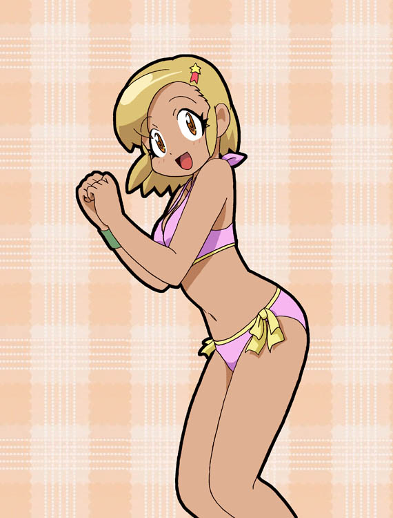 angol_mois anifamu bikini blonde_hair brown_eyes dark_skin female gyaru hair_ornament hairclip keroro_gunsou patterned_background short_hair swimsuit