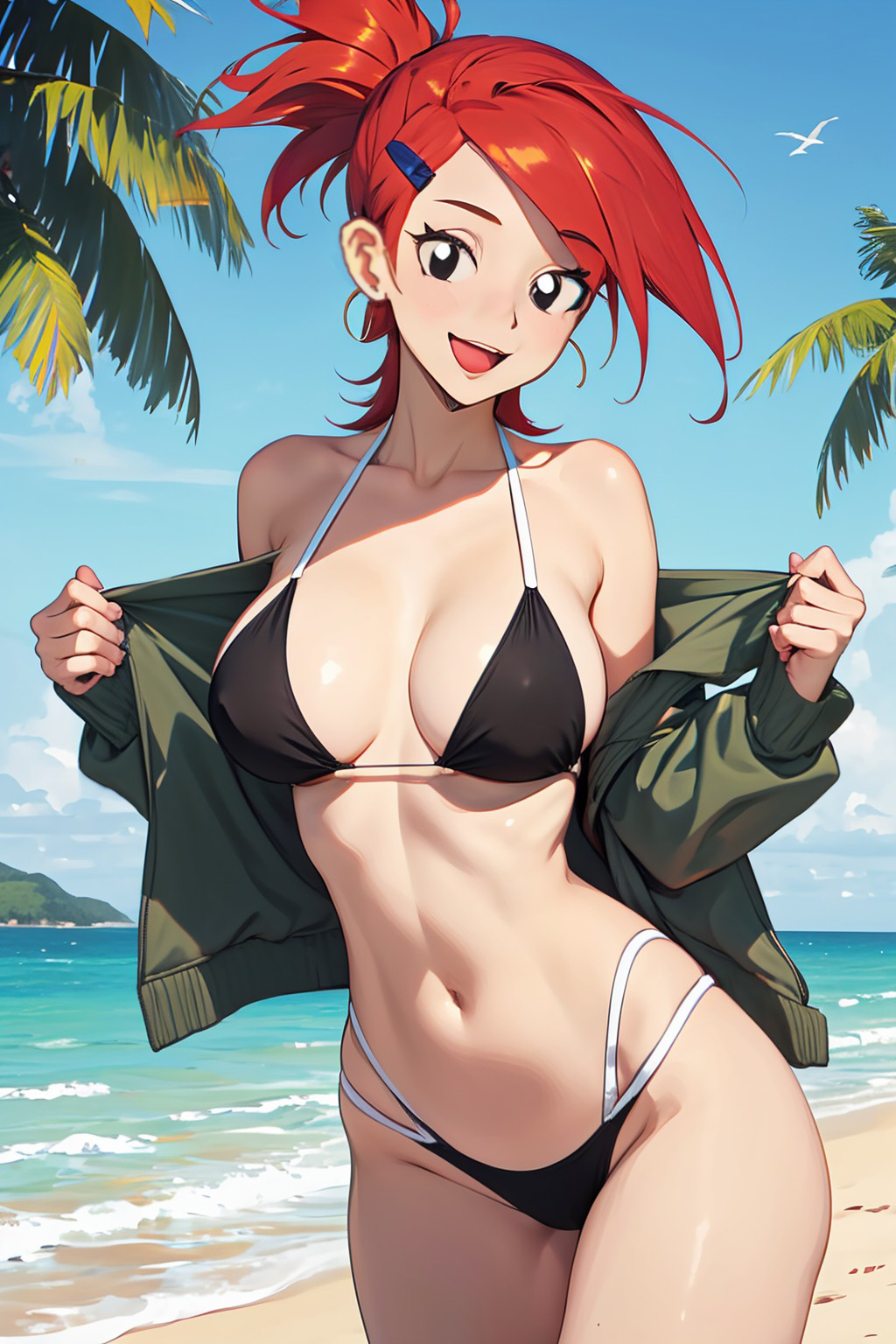 1girls ai_generated beach bikini breasts cartoon_network foster's_home_for_imaginary_friends frankie_foster half_naked legs red_hair red_hair sky smile solo_focus sunlight