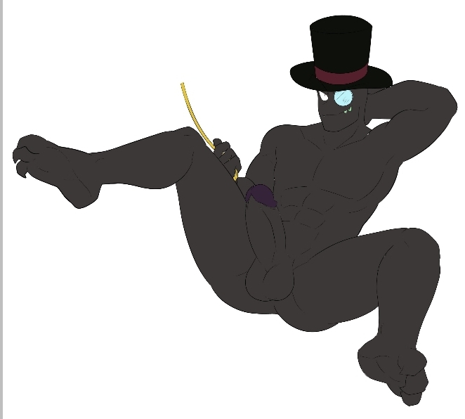 big_penis black_body black_hat_(villainous) looking_at_viewer muscular_male no_background pitch-black_skin sharp_teeth solo_male tagme tagme_(artist) top_hat villainous