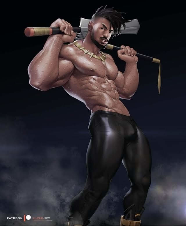 1boy abs actor african african_male bare_chest black_panther_(series) bulge celebrity clothing dark-skinned_male dark_skin dreadlocks erik_killmonger facial_hair in_character looking_at_viewer male male_only marvel marvel_cinematic_universe melanin michael_b_jordan muscle muscular muscular_male pants scars silverjow solo solo_male supervillain tight_clothing topless weapon