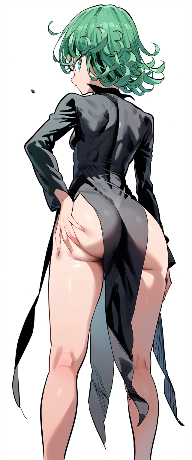 ai_generated bare_legs big_ass dress green_eyes green_hair hand_on_butt one-punch_man papagaimon petite simple_background tatsumaki thighs white_background