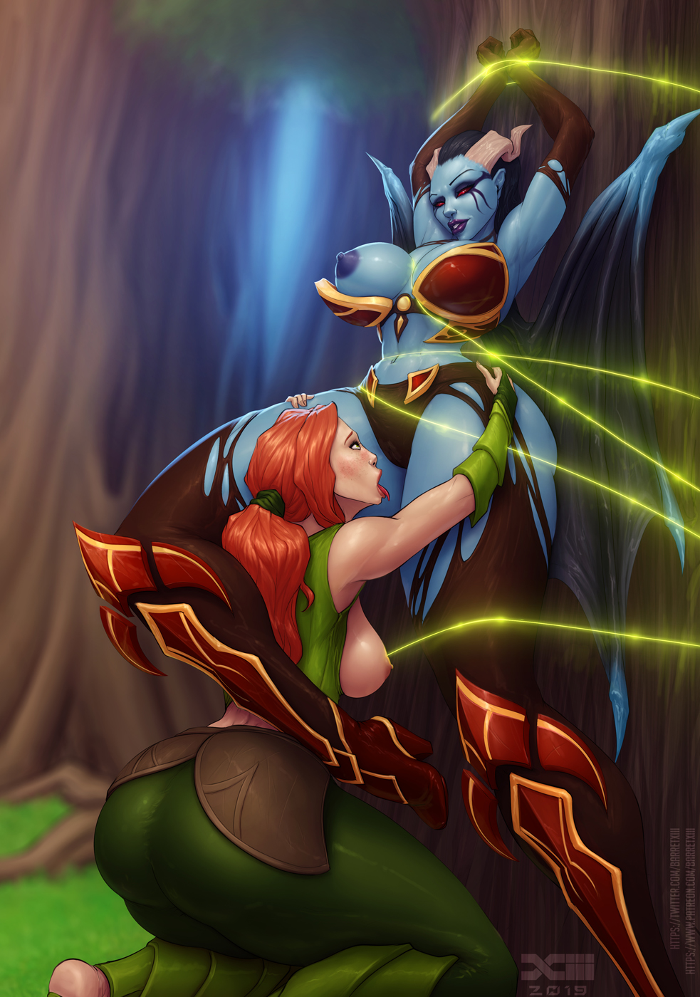 2girls, areolae, ass, barretxiii, bleeding mascara, bondage, breasts, dota 2, female, female only, femdom, femsub, multiple females, multiple girls, nipples, open mouth, queen of pain, restrained, tongue, tongue out, windranger, yuri
