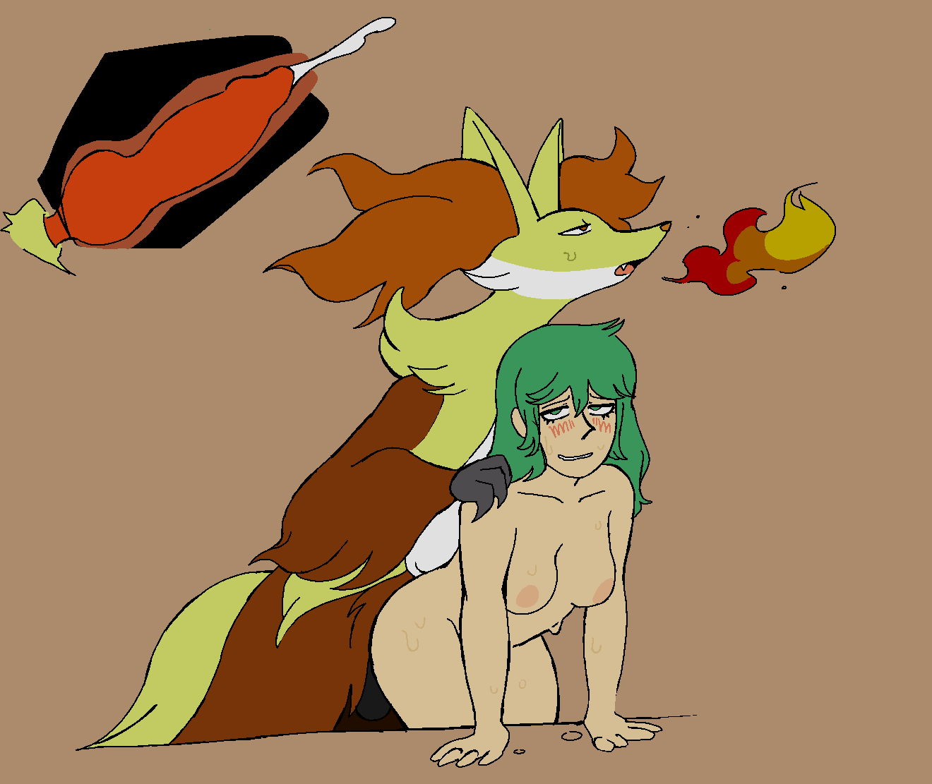 1boy 1girls blush chocolathe delphox green_eyes green_hair internal_cumshot knotted_penis pokemon pokephilia straight