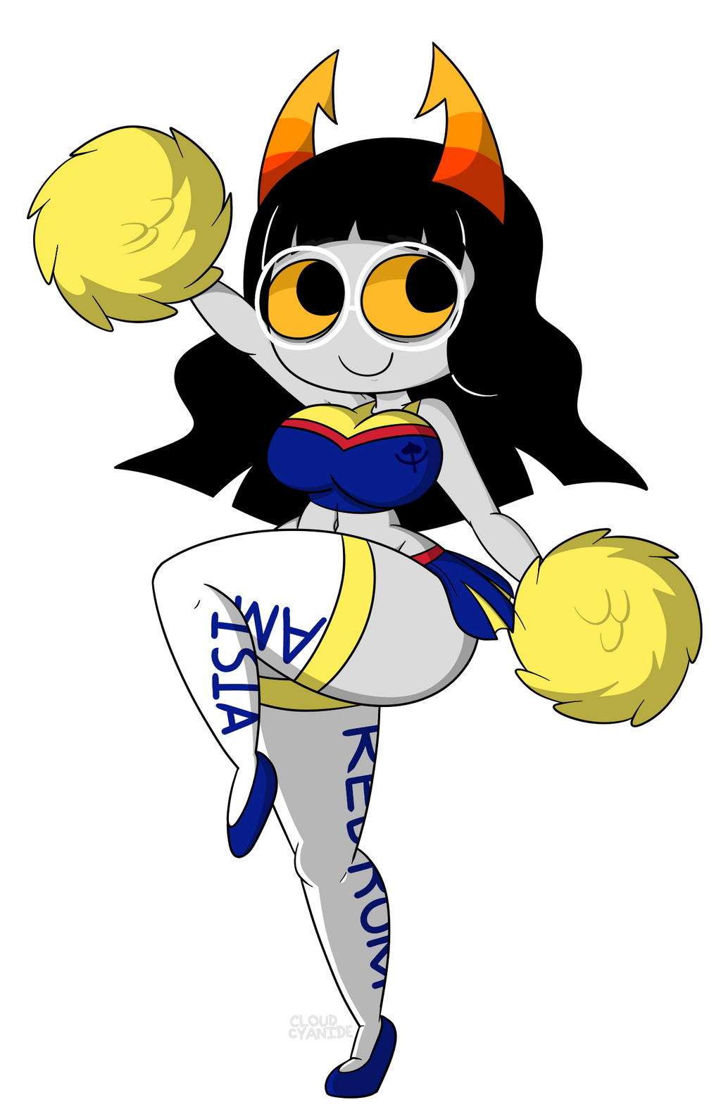 aged_up amisia_erdehn black_hair breasts cheerleader clothing cloudcyanide female full_body glasses grey_skin hips hiveswap horns long_hair ms_paint_adventures pom_poms skirt smile solo stockings thick_thighs thighs troll wide_hips