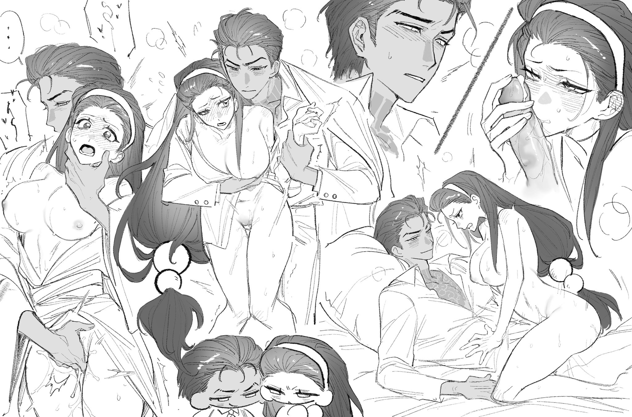 1boy, 1girls, aeng-du (limbus company), azkyykza, jun (limbus company), limbus company, monochrome, project moon, sex, shipping, tagme