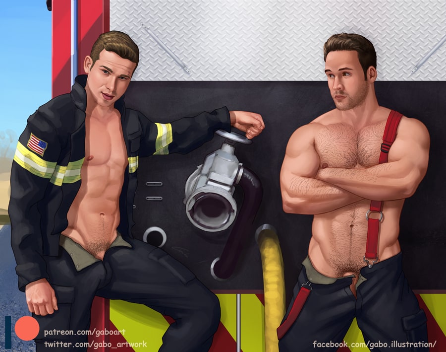 2boys 9-1-1_(tv_series) abs actor celebrity clothed edmundo_"eddie"_díaz evan_"buck"_buckley fireman firemen firetruck gabo_artist hairy_chest in_character male male_only muscle muscles muscular muscular_male oliver_stark open_shirt pecs ryan_guzman suspenders uniform unzipped_pants