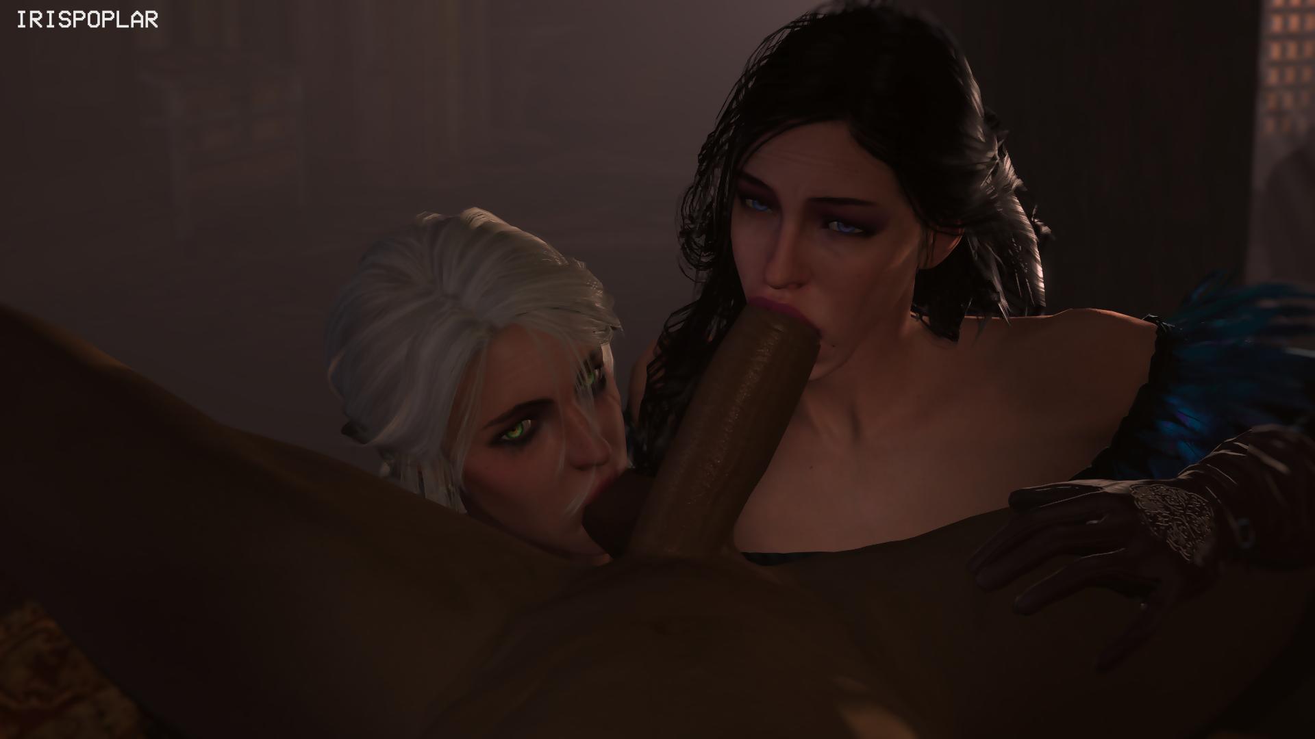 1boy, 2girls, 3d, balls, balls sucking, big penis, black gloves, cd projekt red, ciri, collaborative fellatio, dark skin, dark-skinned male, erection, fellatio, female, gloves, interracial, irispoplar, large penis, looking at viewer, male, multiple females, multiple girls, oral, penis, source filmmaker, teamwork, testicles, the witcher (series), the witcher 3: wild hunt, yennefer
