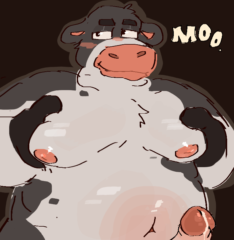 anthro back_at_the_barnyard barnyard_(film) barnyard_(series) blush bodily_fluids bovid bovine cattle cum erection fat fur genital_fluids genitals leaking_cum male mammal moobs multicolored_body multicolored_fur nickelodeon nipples otis_(back_at_the_barnyard) otis_(barnyard) overweight overweight_male penis pink_nipples pink_nose presenting_moobs solo theinternetizkillz