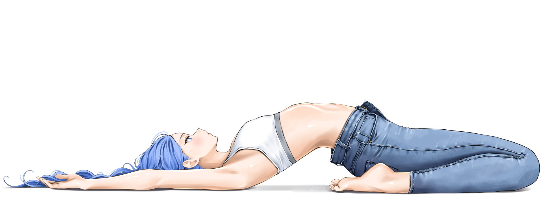 1girls, arched back, barefoot, blue eyes, blue hair, chaesu, female, female only, jeans, long hair, minah, original, original character, pose, posing, stomach, stretching, yoga