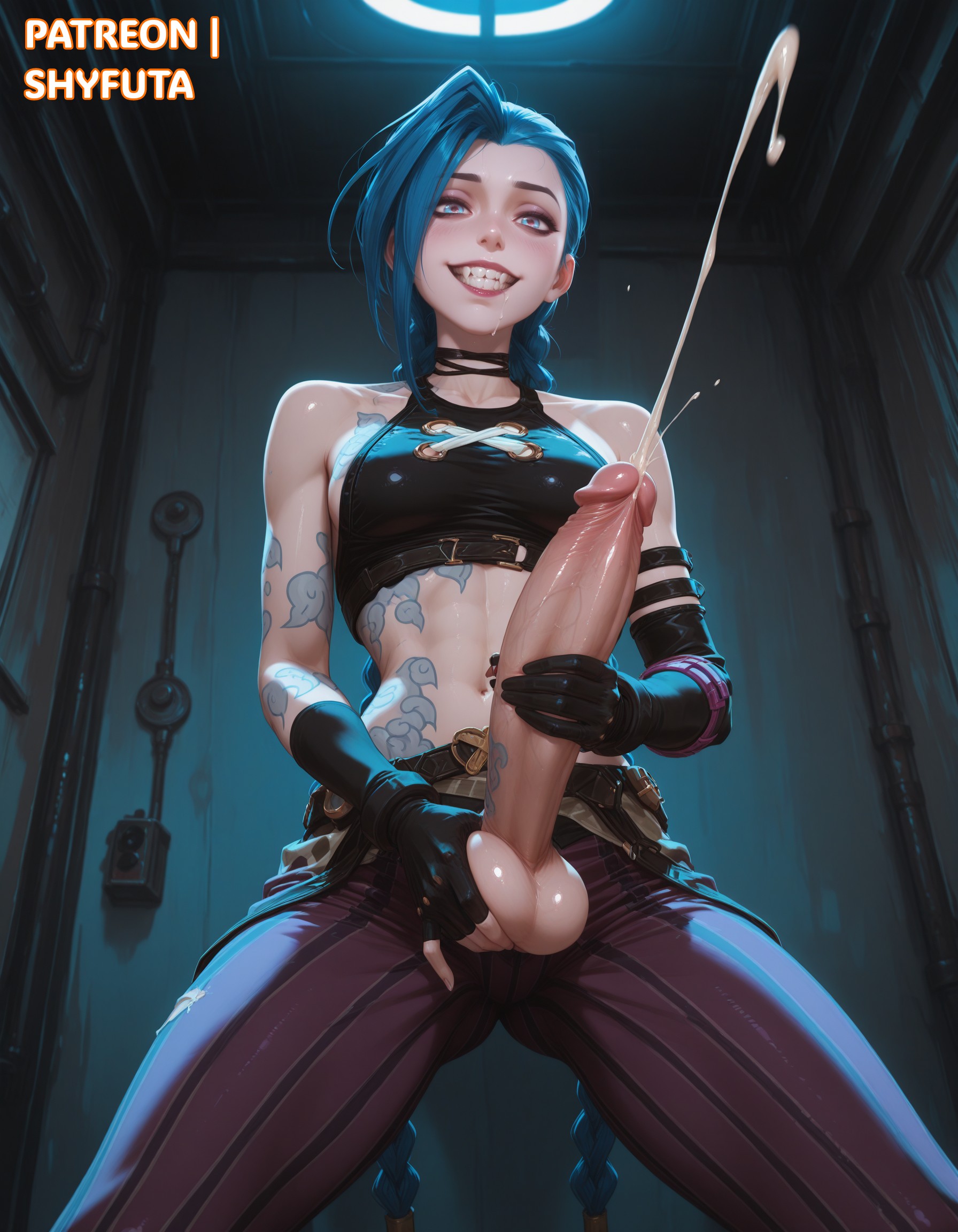 1futa, 2025, abs, ai generated, aqua eyes, aqua hair, arcane, balls, balls fondling, big balls, big penis, blue eyes, blue hair, braid, braided hair, breasts, cock, crop top, cum, cumming, curvy, curvy body, curvy figure, dick, dickgirl, ejaculation, futa only, futanari, hair, holding penis, huge balls, huge cock, huge testicles, huge thighs, intersex, jinx (league of legends), league of legends, light skin, light-skinned futa, pants, patreon, patreon username, penis, penis grab, penis out, shyfuta, slim waist, small breasts, smile, smiling, solo, solo focus, solo futa, stable diffusion, testicles, thighs, twintails