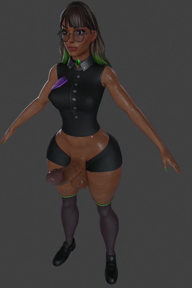 3d 3d_model balls brown_hair buttons clothed fortnite fortnite:_battle_royale futanari glans gradient_hair green_hair no_sleeves round_glasses scarecraw_ shiny_penis thick thick_thighs