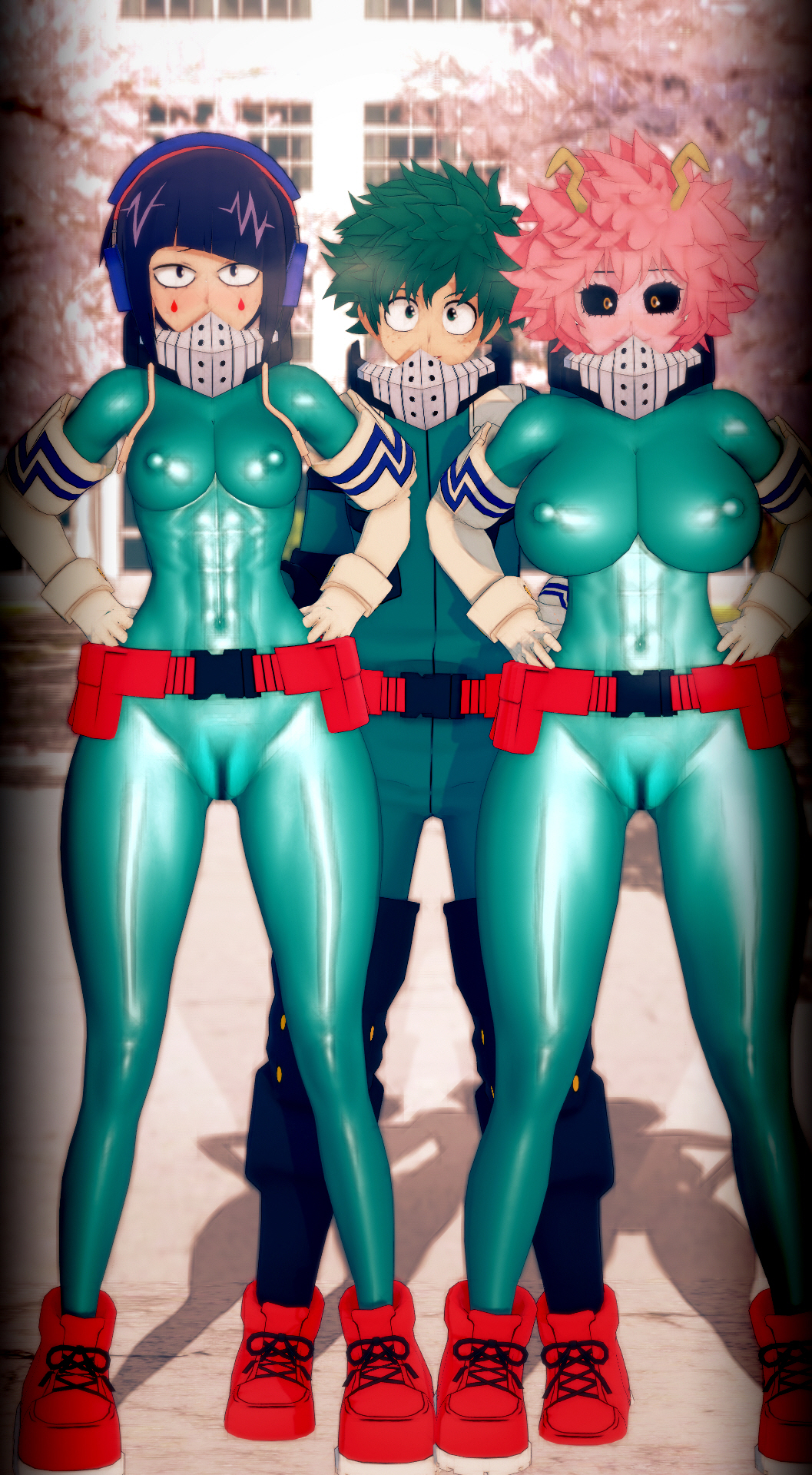 1boy 2girls 3d green_outfit hero_outfit_(mha) izuku_midoriya izuku_midoriya_(cosplay) izuku_midoriya_(hero_outfit) kyoka_jiro mina_ashido my_hero_academia qxdt