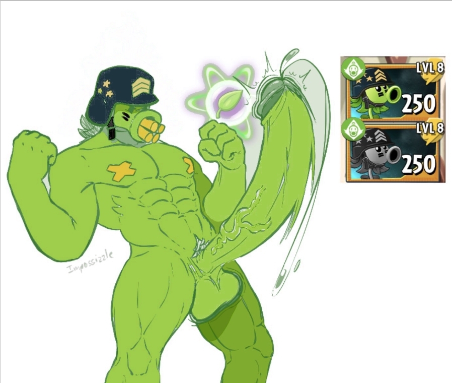 anthro bara buff dick fit fit_male gatling_pea_(pvz) gay huge_cock huge_penis leaking_precum male penis plantie plants_vs_zombies precum tagme