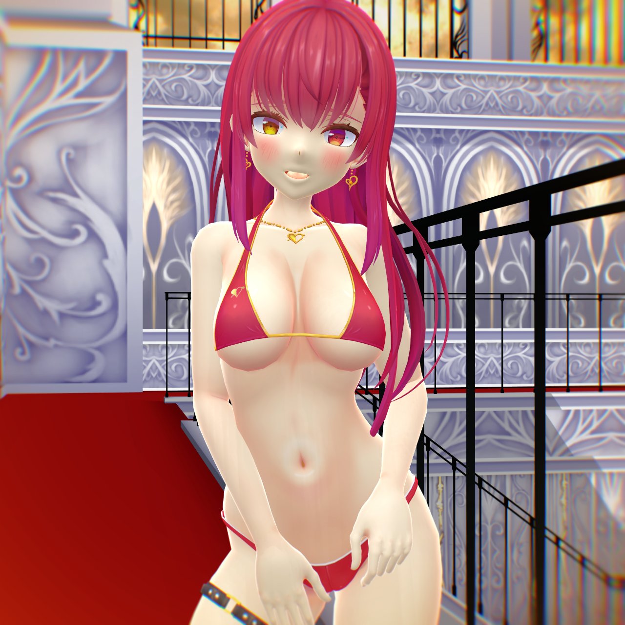 1girls 2023 3d_(artwork) belly_button bikini cleavage earrings hati_yukkuri_mmd heterochromia hololive hololive_japan houshou_marine human indoors inside legwear light-skinned_female long_hair_female looking_at_viewer mikumikudance mmd necklace pirate red_bikini red_hair_female solo_female solo_focus swimsuit virtual_youtuber