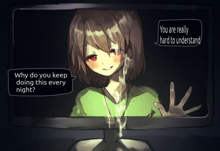 1girls, 2d, against glass, blush, blush stickers, brown hair, chara, computer, cum, female, female chara, female only, heart locket, human, human female, human only, looking at viewer, red eyes, screen, smile, solo, solo female, solo focus, tagme, talking to viewer, translated, undertale, undertale (series)