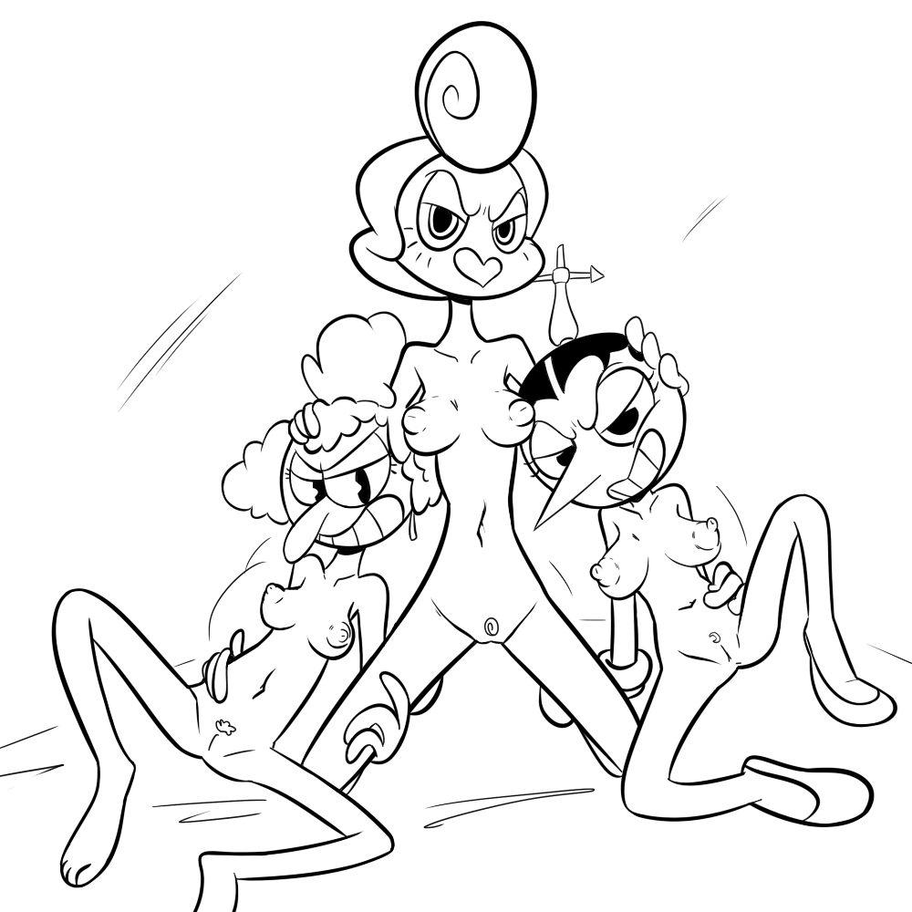 3girls baroness_von_bon_bon breasts cuphead_(game) hilda_berg kneeling multiple_girls nipples nude pubic_hair pussy sally_stageplay smile smiling spread_legs