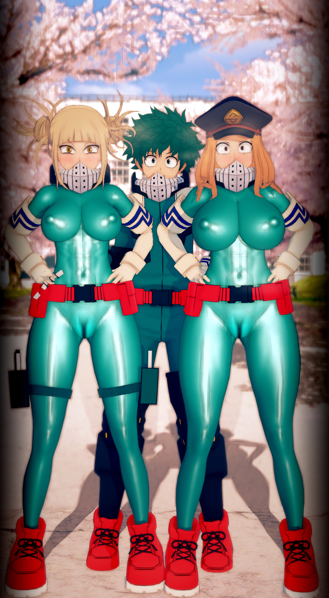 1boy 2girls 3d camie_utsushimi green_outfit hero_outfit_(mha) himiko_toga izuku_midoriya izuku_midoriya_(cosplay) izuku_midoriya_(hero_outfit) my_hero_academia qxdt