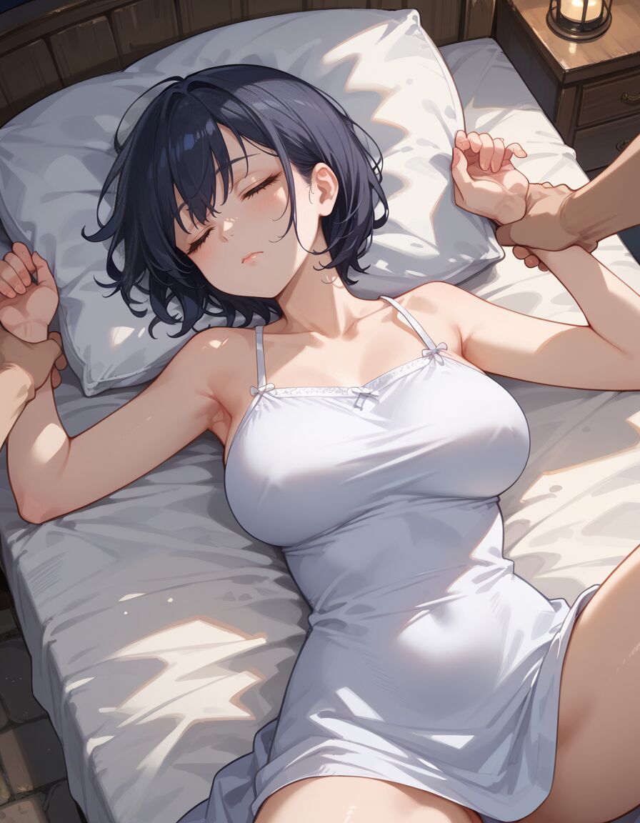 ai generated, bed, breasts, female, historyia, large breasts, on back, original, original character, restrained, short hair, sleeping, the summoned