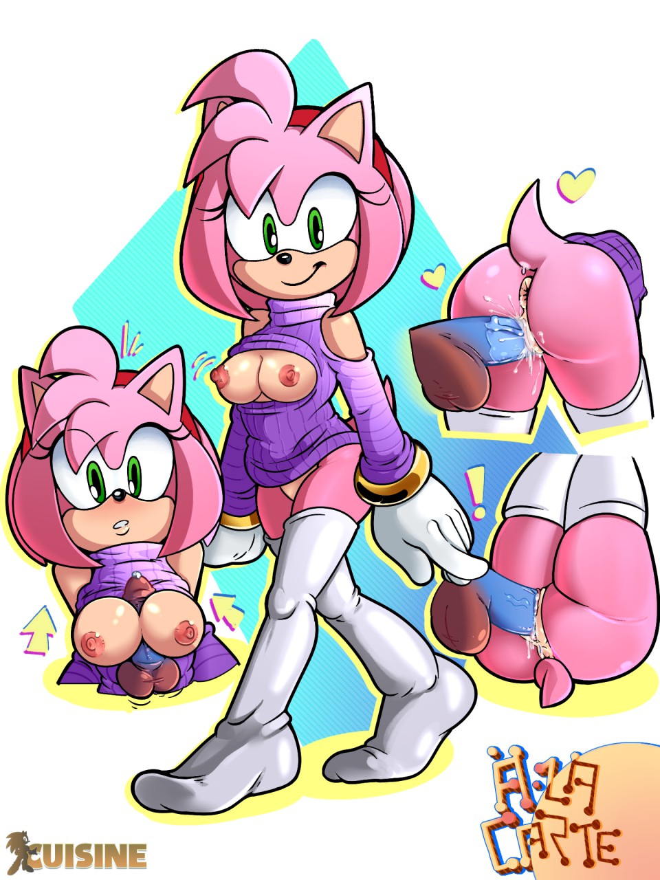 !, a-la-carte, amy rose, anthro, anus, areolae, arrow, artist name, blue penis, breasts, collaboration, disembodied penis, exclamation, exposed breasts, exposed pussy, eyelashes, eyes visible through hair, female, female only, from behind, green eyes, hairband, heart, legs, long socks, looking at viewer, male, nipples, paizuri, penetration, penis, pink fur, pink hair, pussy, pussy juice, red hairband, sega, sex, sonic (series), truffle, virgin killer sweater