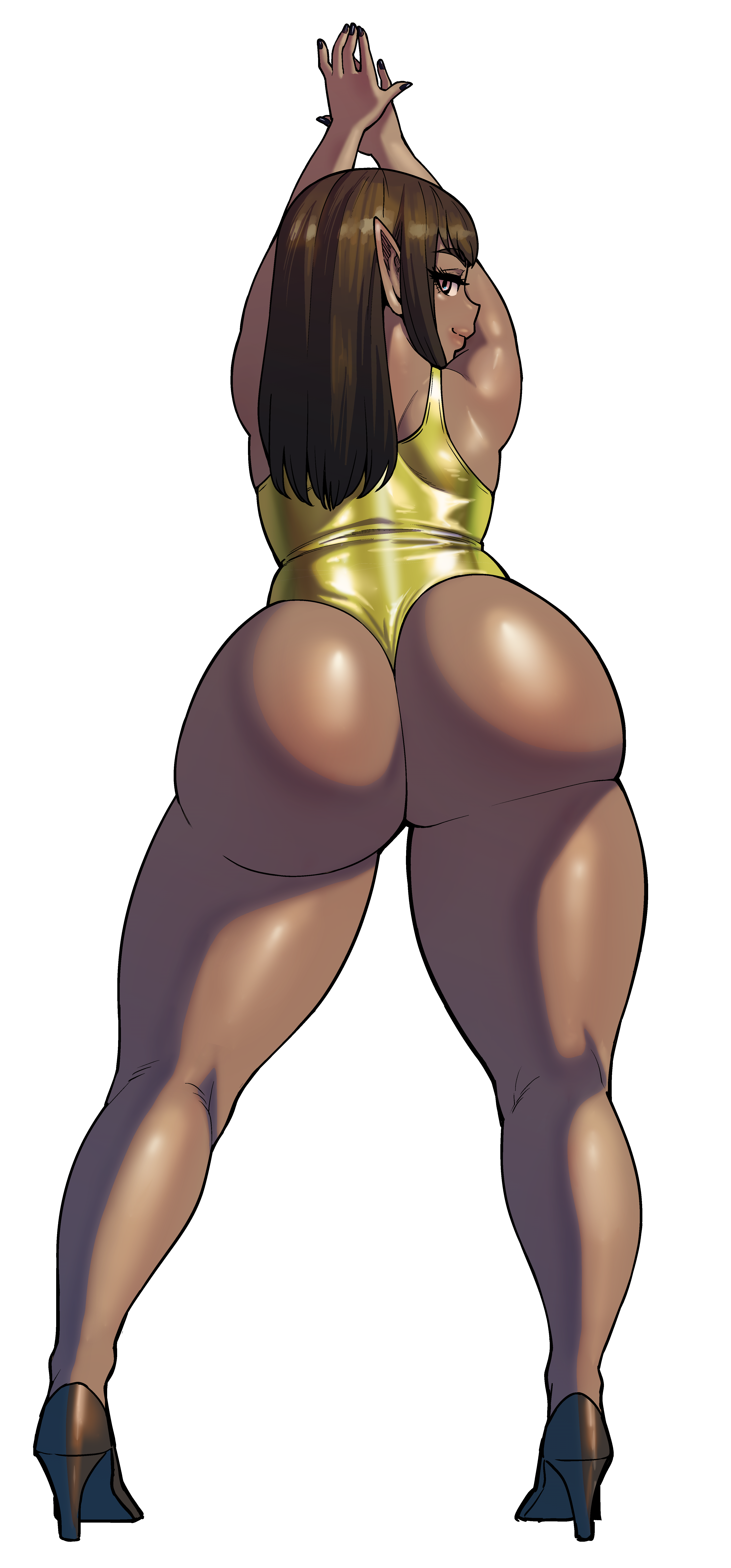 arms up, ass, ass focus, back view, big ass, black nails, bubble ass, bubble butt, dark hair, dark skin, dark-skinned female, female, female only, heels, long ears, long hair, looking at viewer, looking back, seductive look, solo, solo female, synecdoche