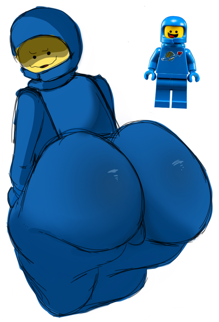 1boy astronaut ballsack benny_(the_lego_movie) big_ass femboy gay lego male male_only nervous_smile reference_image solo007_(artist) the_lego_movie thick_thighs white_background yellow_skin