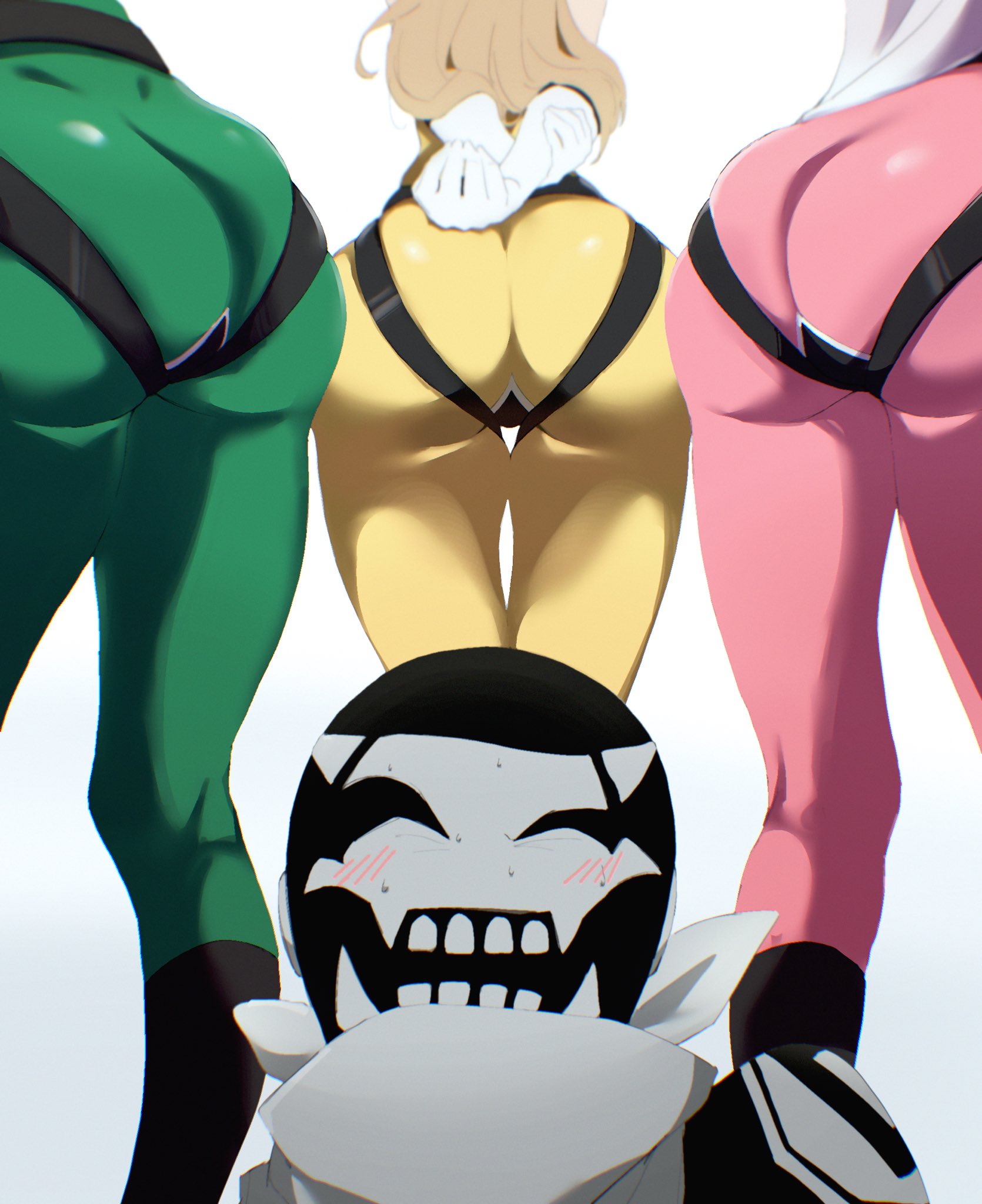 2025, 2d, 2d (artwork), 3girls, ass, bent over, big ass, blonde hair, blush, dragon keeper, duster (species), female, fighter d, footsoldier d, human, jumpsuit, lmtxxn, male, male protagonist, no sex, paag, pink keeper, questionable, sakurama sesera, sentai daishikkaku, simple background, smile, suzukiri yumeko, tight clothing, usukubo angel, white background