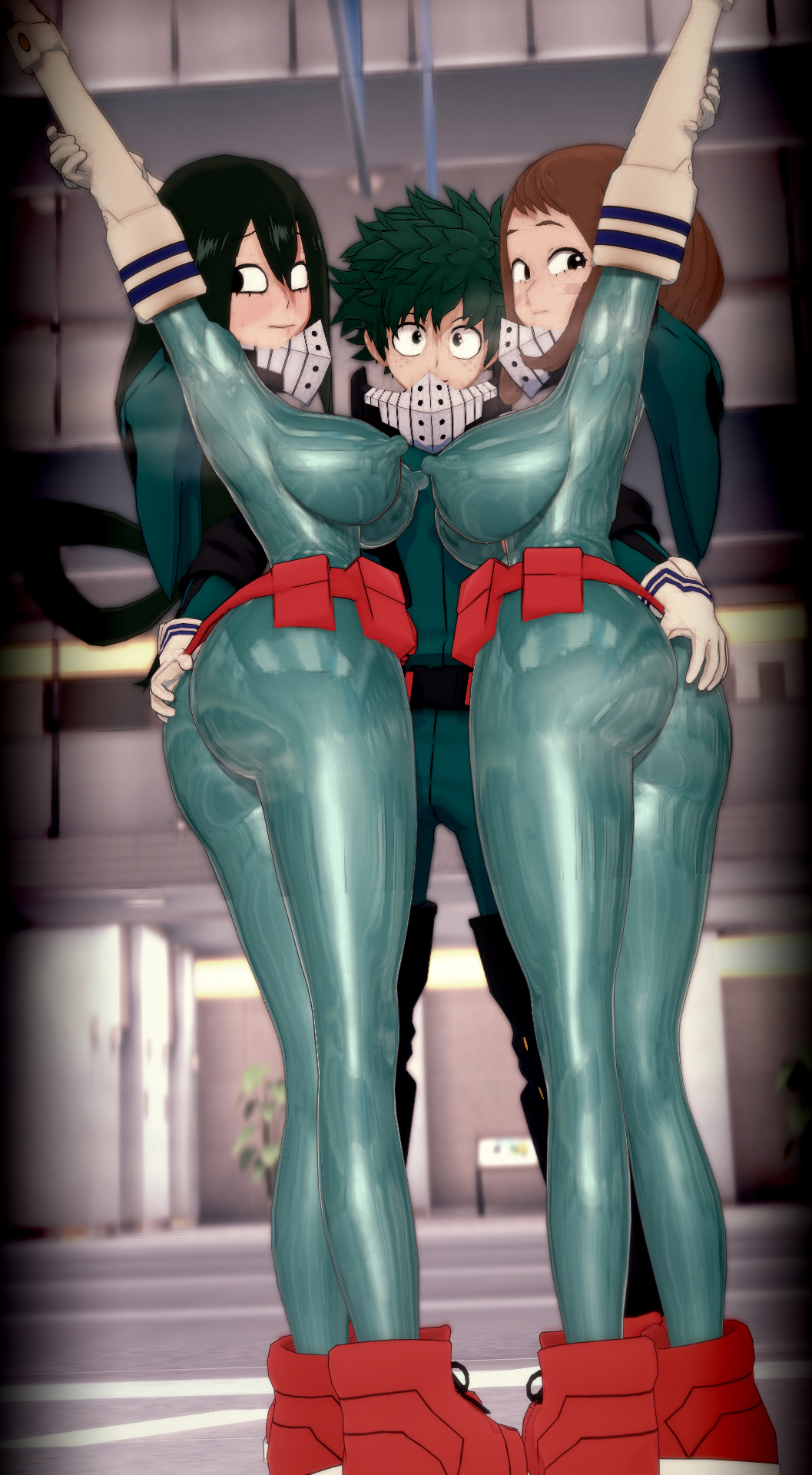 1boy 2girls 3d green_outfit hero_outfit_(mha) izuku_midoriya izuku_midoriya_(cosplay) izuku_midoriya_(hero_outfit) my_hero_academia ochako_uraraka qxdt tsuyu_asui