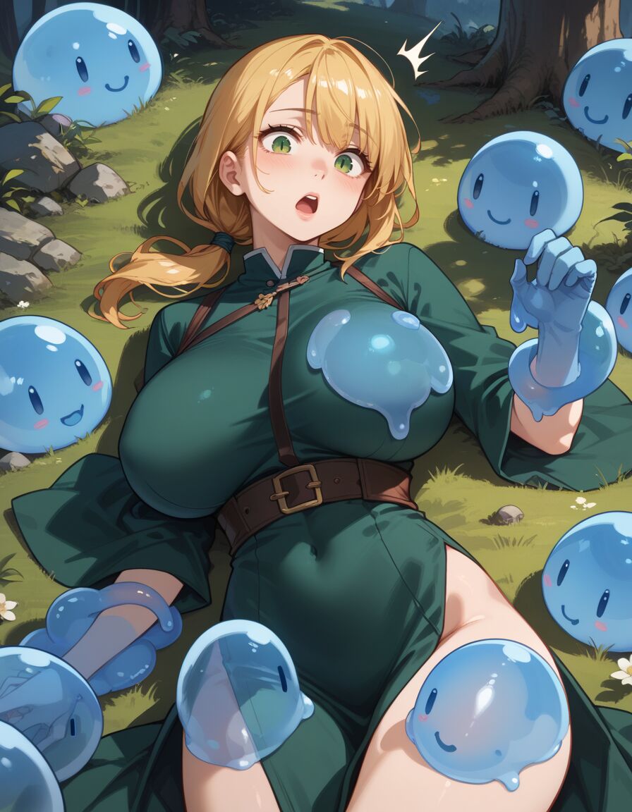 ai_generated blonde_hair forest green_dress historyia large_breasts mage on_back original original_character outdoors ponytail slime slime_on_body slime_on_breasts the_summoned