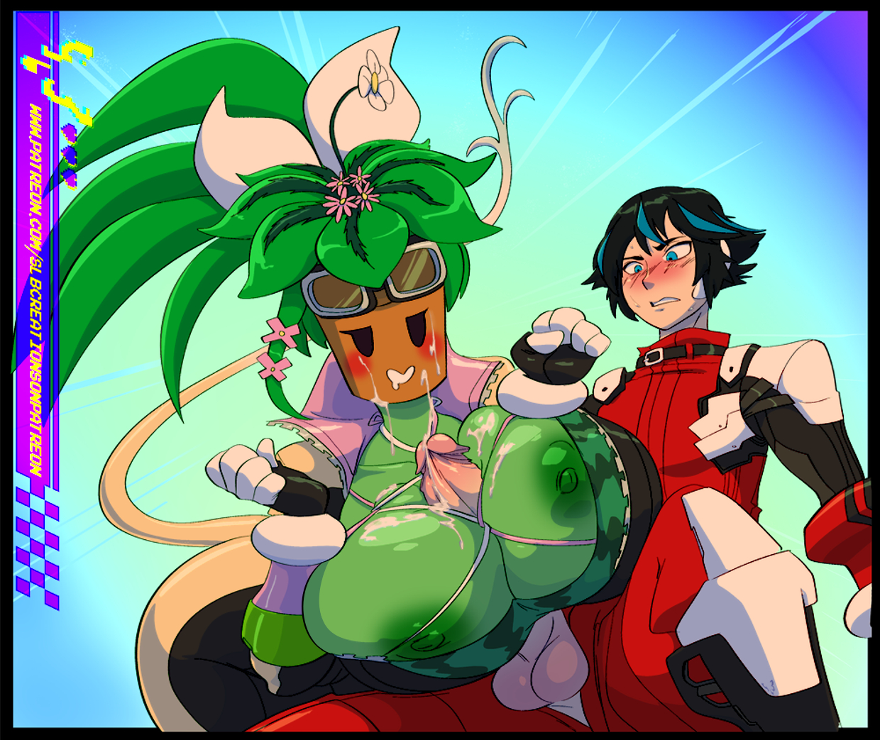 1boy, 1girls, 2019, 5 fingers, alien, alien girl, blaster master, blaster master zero, blaster master zero 2, blush, breasts, cum, cum on breasts, cum on face, erect nipples, erection, eyewear, female, flora fauna, flower, goggles, green hair, hair, huge breasts, human, human on plantie, humanoid, jason frudnick, kanna (blaster master), male, mob face, multicolored hair, nintendo, nipples, orgasm, outercourse, paizuri, penis, plant, plant girl, plantie, sex, slb, tail, video games, watermelon bra, watermelon nets