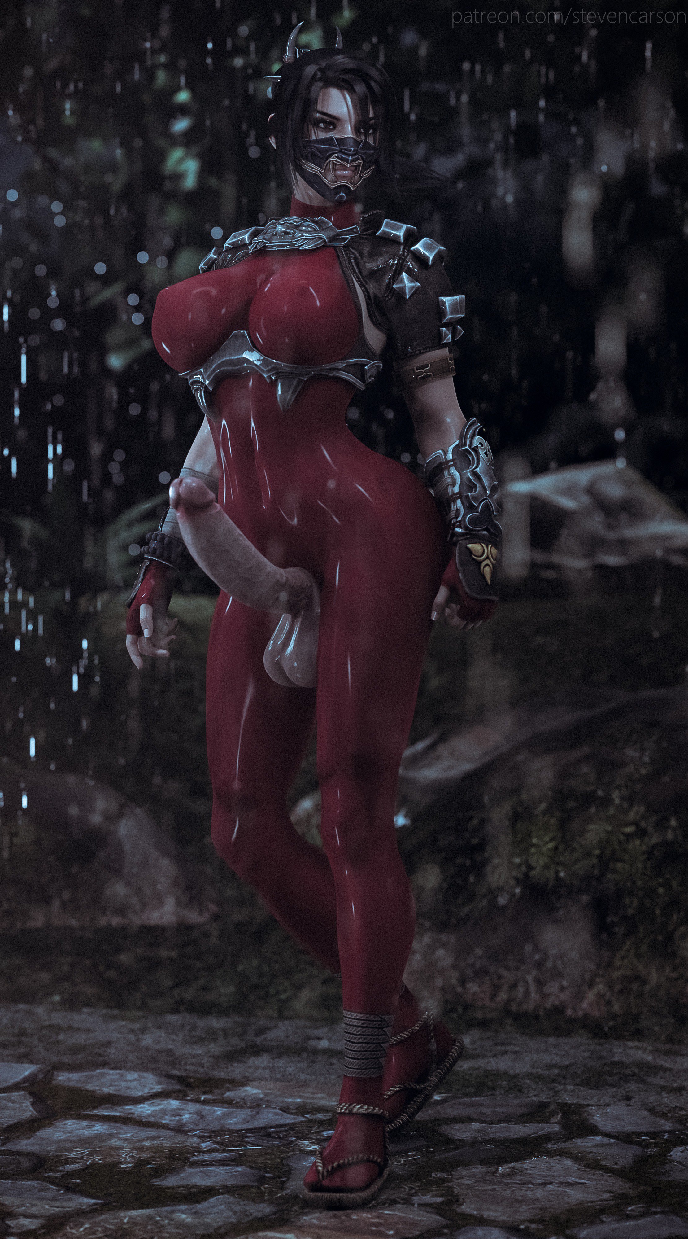 1futa, 3d, absurdres, balls, bimbo, bodysuit, breasts, crotchless, curvy, erect nipples, erection, futa, futa only, futanari, highres, huge breasts, intersex, kunoichi, large penis, muscular, muscular futa, nipple bulge, nipples, no panties, open toe shoes, penis, penis out, rain, raining, realistic, sagging balls, solo, soul calibur, stevencarson, taki (soulcalibur), testicles, water, wet, wide hips