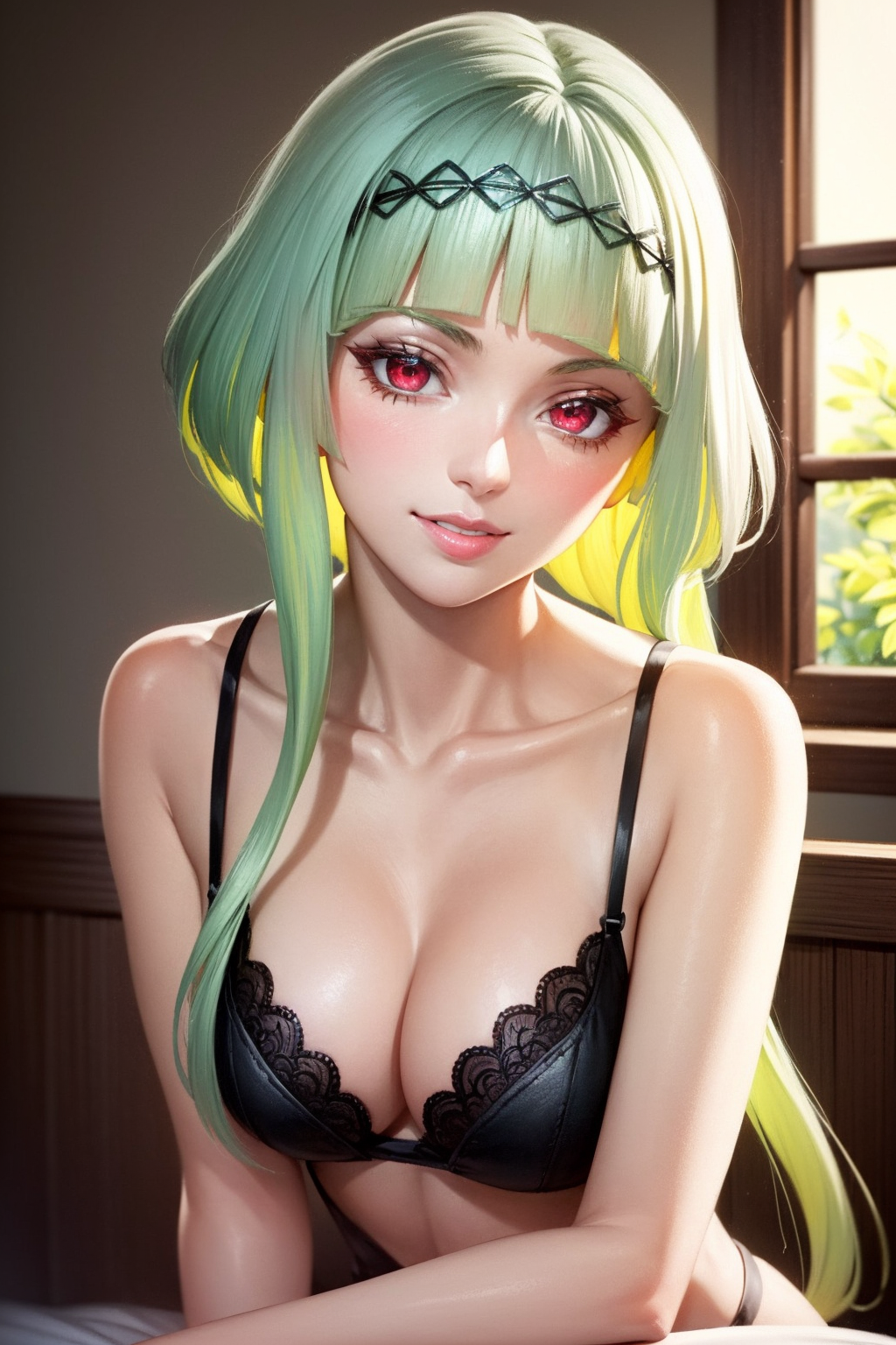 ai_generated atlus black_lingerie civitai green_hair lingerie lingerie_only megami_tensei mnemosynekotorin neon_green neon_green_hair neon_hair pale pale-skinned_female pale_skin pale_skinned_female red_eyes ringo_(soul_hackers) shin_megami_tensei short_hair soul_hackers soul_hackers_2 tagme two_tone_hair