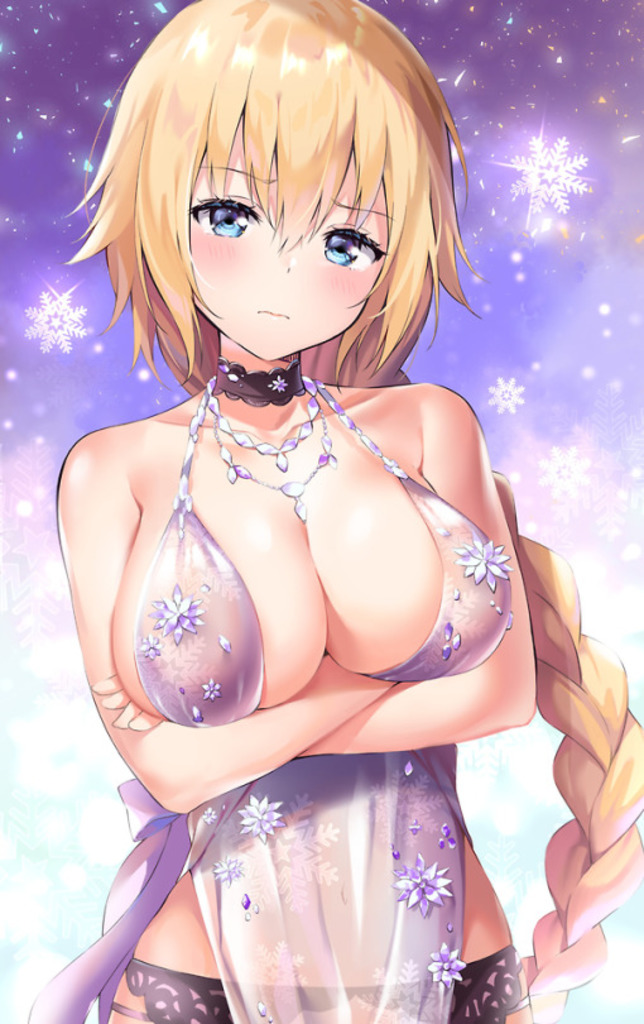 1girls, big breasts, blonde, blonde hair, blue eyes, blush, braid, breasts, choker, crossed arms, fate (series), fate/grand order, female, garter belt, jeanne d'arc (fate), jewelry, lingerie, looking at viewer, necklace, partially visible nipples, ponytail, see-through, sleeveless shirt, snow, snowflake, solo, solo focus, very long hair