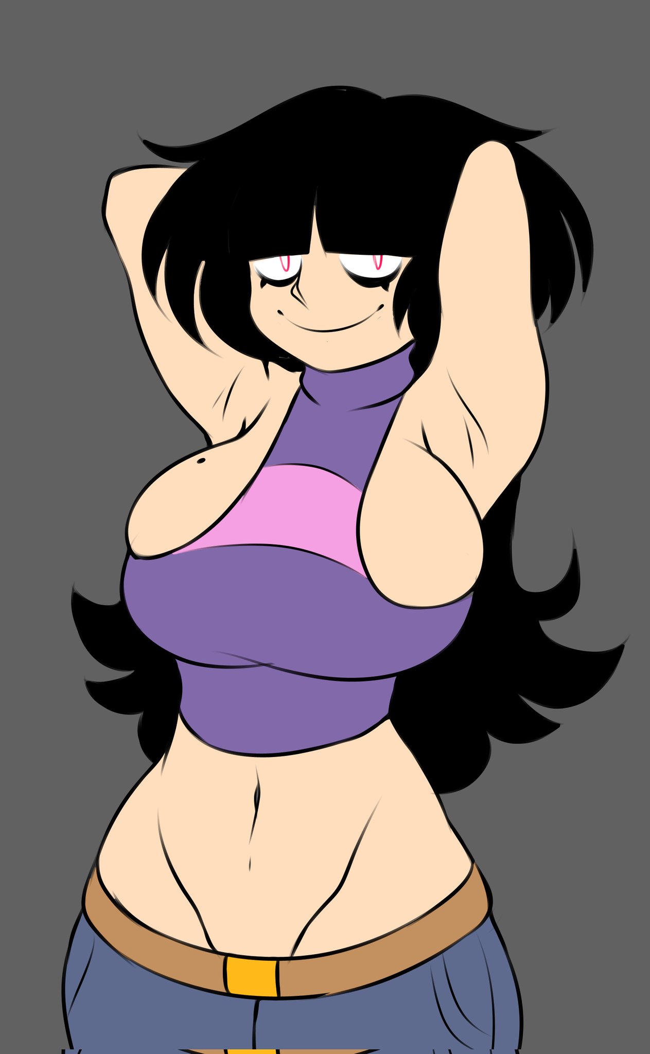 1girls, allewdbruh, arms behind head, arms up, big breasts, black hair, blonde female, breasts, female, female focus, female only, gray background, long hair, looking at viewer, needlemouse (series), oofts, posing, red eyes, sarah henderson (needlemouse), simple background, smile, smiling, smiling at viewer, sonic.exe (series), tagme