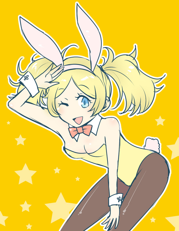 alternate_costume blonde_hair blue_eyes bow bow_tie bunny_ears bunny_girl bunny_suit bunny_tail bunnysuit female fire_emblem fire_emblem_awakening lissa_(fire_emblem) long_hair pantyhose simple_background small_breasts solo tie twintails