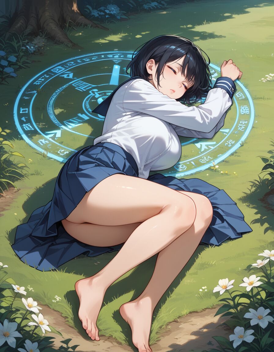 ai_generated historyia large_breasts magic_circle original original_character outdoors school_uniform short_hair sleeping the_summoned unconscious