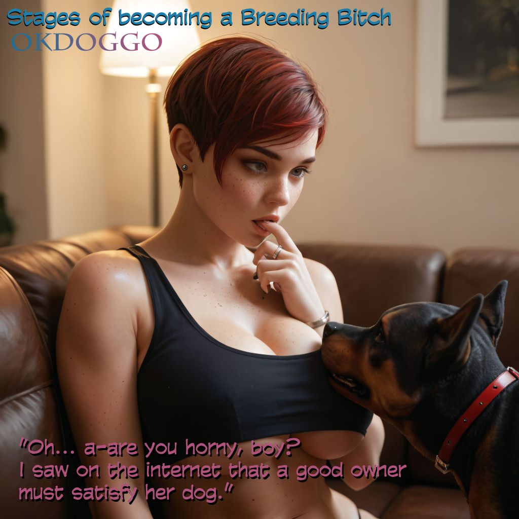 1dog 1girls ai_generated aroused big_breasts canine canine dialogue english_text female female finger_in_mouth freckles huge_breasts imminent_bestiality imminent_interspecies imminent_sex implied_bestiality implied_sex implied_zoophilia large_breasts okdoggo pixie_cut red_hair short_hair text underboob zoophilia zoophilia