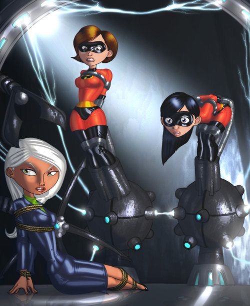 3girls, arms behind back, bent over, black hair, bodysuit, bondage, concerned, defeated, disney, elastigirl, female, female only, grey hair, helen parr, mirage (the incredibles), multiple females, multiple girls, pixar, red hair, skin tight, straight hair, superheroine, the incredibles, tied up, violet parr