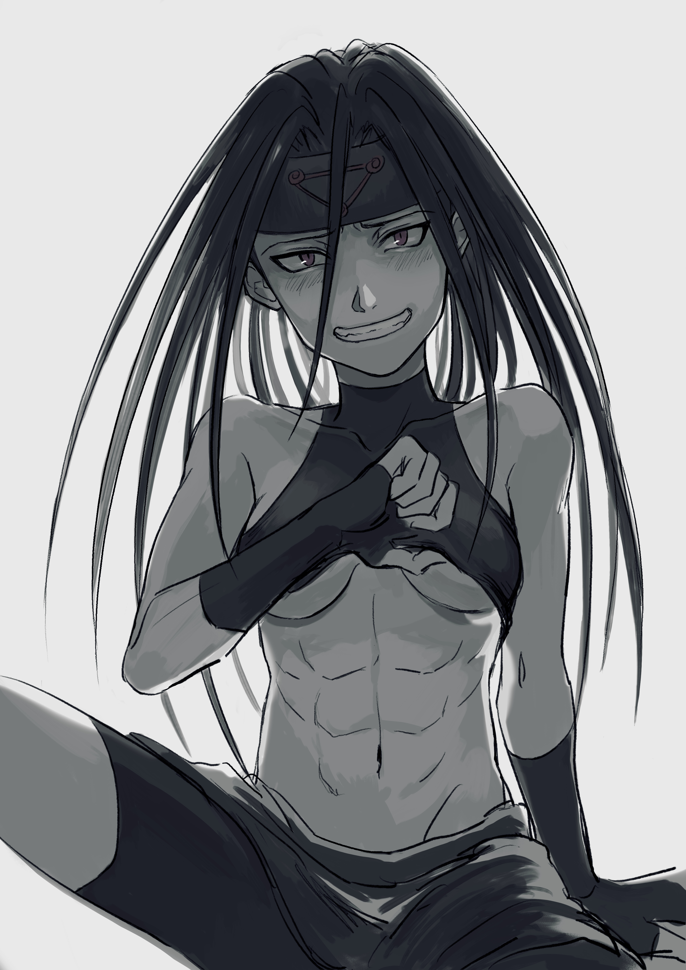1girls, abs, artist name, artist request, black and white, black hair, breasts, envy (fullmetal alchemist), female, fingerless gloves, fullmetal alchemist, genderswap, genderswap (mtf), headband, lifting shirt, long hair, red eyes, rule 63, shorts, six pack, smile, tagme, teasing