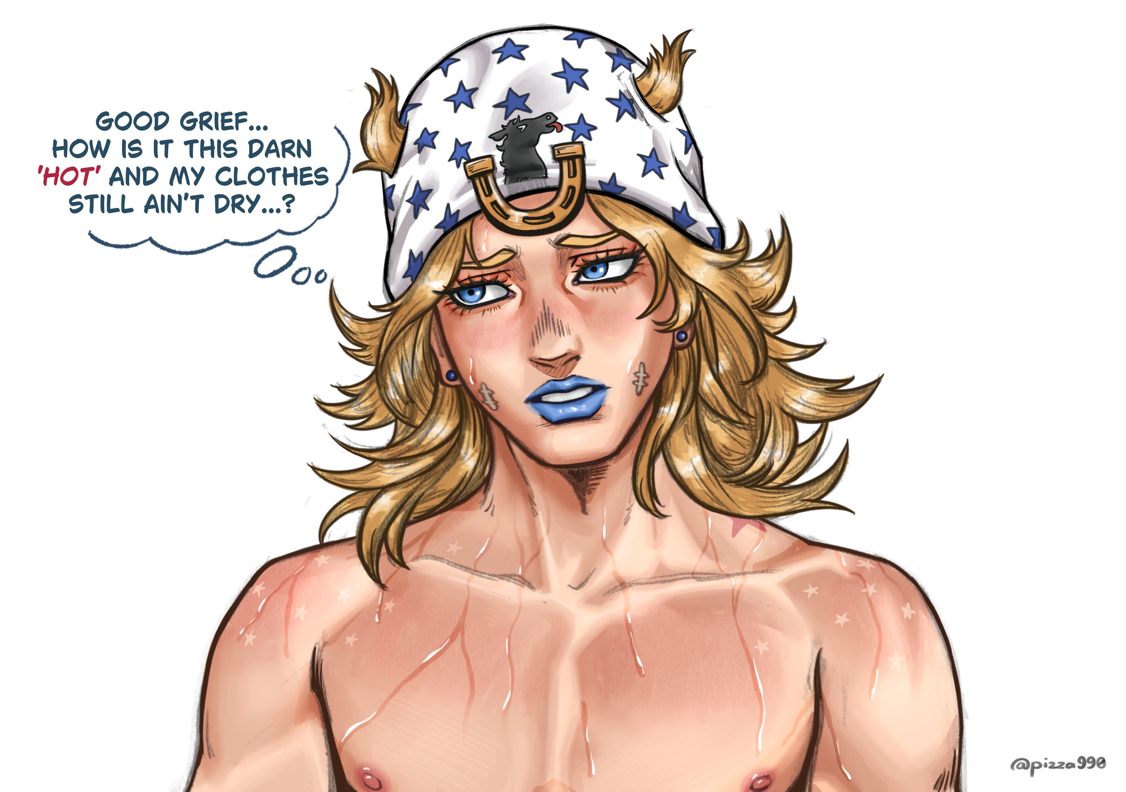 1boy, blonde hair, blue eyes, blue lipstick, blush, complaining, desperation, earrings, feminine male, hat, helpless, johnny joestar, jojo's bizarre adventure, lipstick, long hair, looking away, male, male only, nipples, portrait, shy, steel ball run, sweat, sweatdrop, sweating, thought bubble, twink, upper body, wet skin, white background
