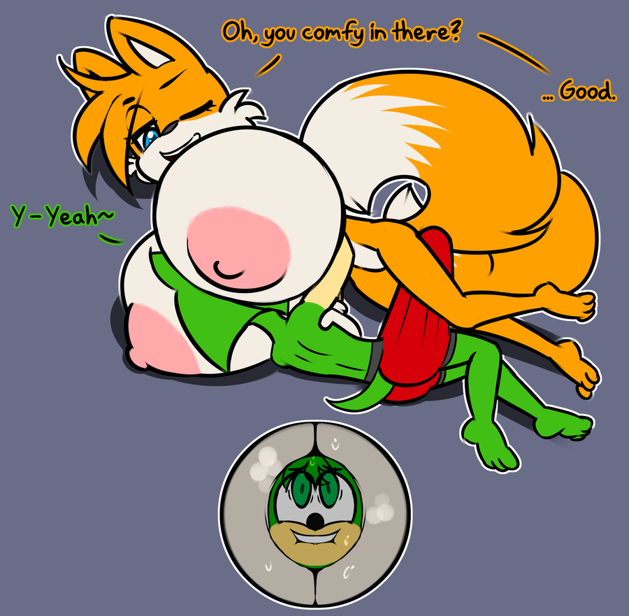 2_tails anthro big_breasts big_penis breasts canid canine clothing derrick_haster dialogue duo erection erection_under_clothing eulipotyphlan face_in_breasts female fox fur genitals green_body hedgehog huge_breasts huge_cock lying male male/female mammal mtf_crossgender multi_tail nipples norithics on_side orange_body orange_fur penis rule_63 sega sonic_(series) sonic_the_hedgehog_(series) tails tails_the_fox