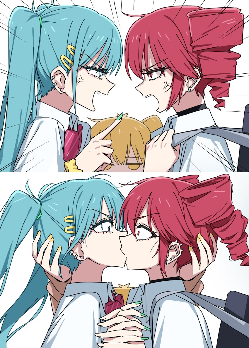 2koma 3girls absurdres akita_neru anger_vein angry aqua_eyes aqua_eyes_female aqua_hair aqua_hair_female aqua_nails arguing blonde_hair blonde_hair_female caststation comic drill_hair ear_piercings earclip emphasis_lines face_to_face forced_kiss forced_partners forced_yuri grabbing_another's_hair grabbing_from_behind gyaru hairclips hand_on_another's_head hatsune_miku highres holding_hands interlocked_fingers jitome kasane_teto kiss_on_lips kissing long_hair multiple_girls not_porn now_kiss pointing pointing_at_another red_eyes red_eyes_female red_hair red_hair_female side_ponytail simple_background triple_baka_(vocaloid) triple_ryuunen twin_drills twintails twintails_(hairstyle) utau veins vocaloid white_background yellow_eyes yellow_eyes_female yellow_nails yuri