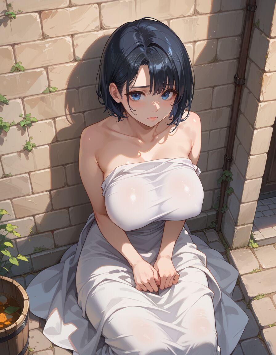 against_wall ai_generated historyia large_breasts naked_sheet original original_character outdoors short_hair the_summoned