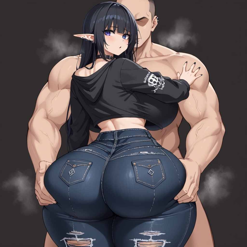 ai_generated ass_focus ass_grab elf huge_ass huge_breasts jeans wide_hips